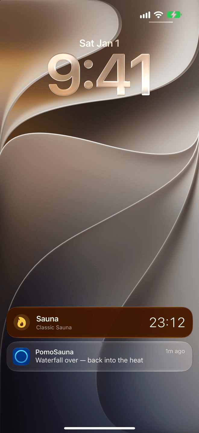 The Lock Screen with the sauna Live Activity counting down and the waterfall-over chime beneath it