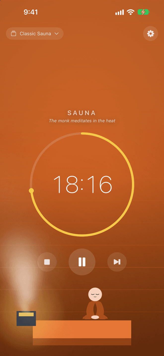 PomoSauna's sauna phase: the monk meditates by the stove while a yellow ring counts down 18:16
